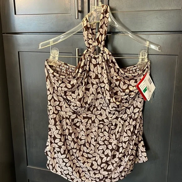 NWT Oscar de la Renta top. Size L Brown and Cream lead design ties around neck - Picture 4 of 15